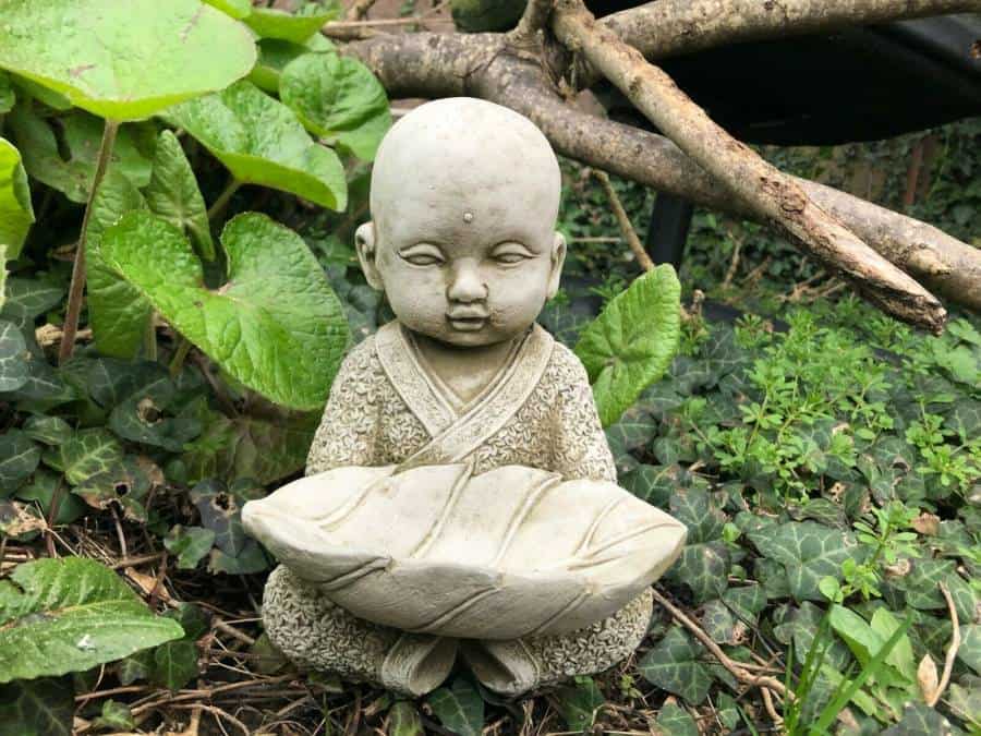 Monk w Leaf Bird Feeder Stone Statue | Buddha Oriental Garden Outdoor Ornament