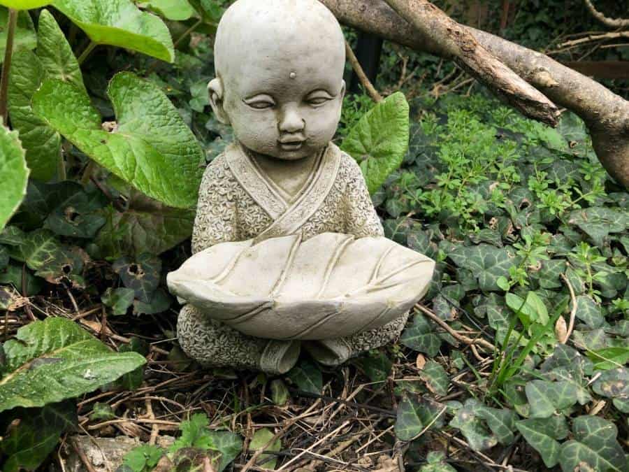 Monk w Leaf Bird Feeder Stone Statue | Buddha Oriental Garden Outdoor Ornament