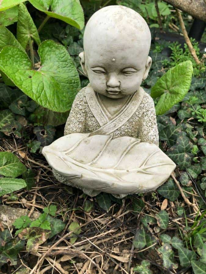 Monk w Leaf Bird Feeder Stone Statue | Buddha Oriental Garden Outdoor Ornament