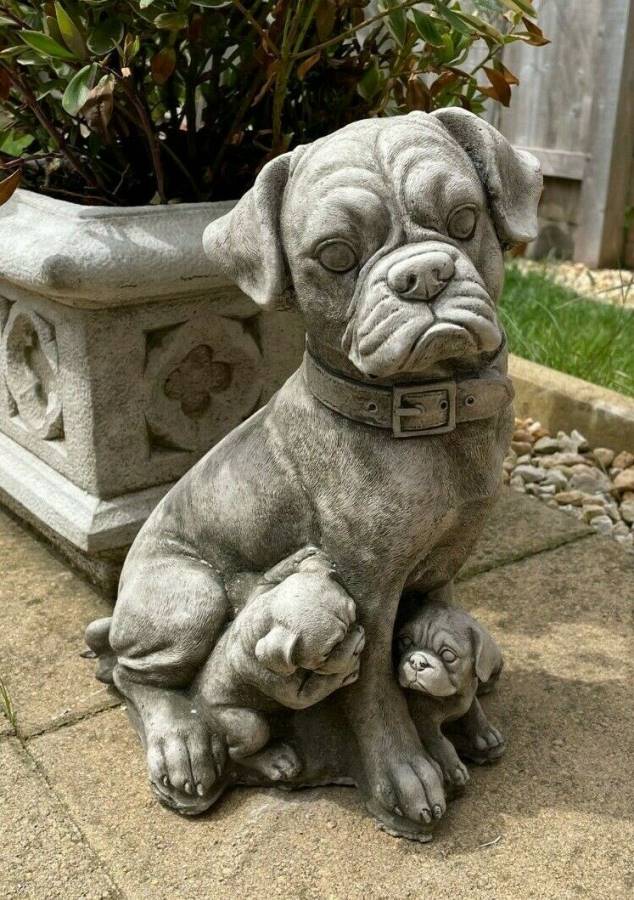 Boxer Dog & Pups Stone Statue