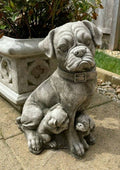 Boxer Dog & Pups Stone Statue