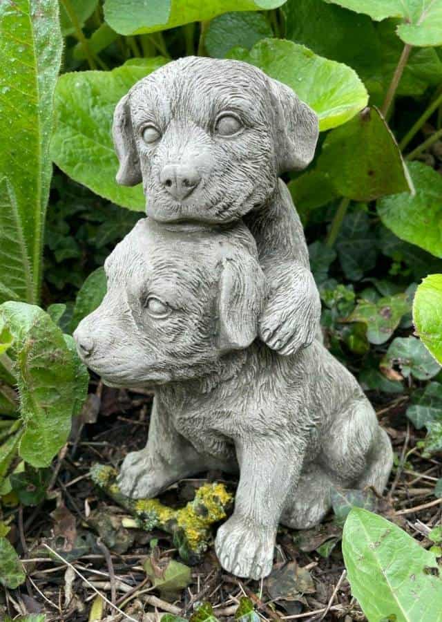 Pair of Puppies Stone Garden Statue | Reconstituted Outdoor Dog Animal Ornament
