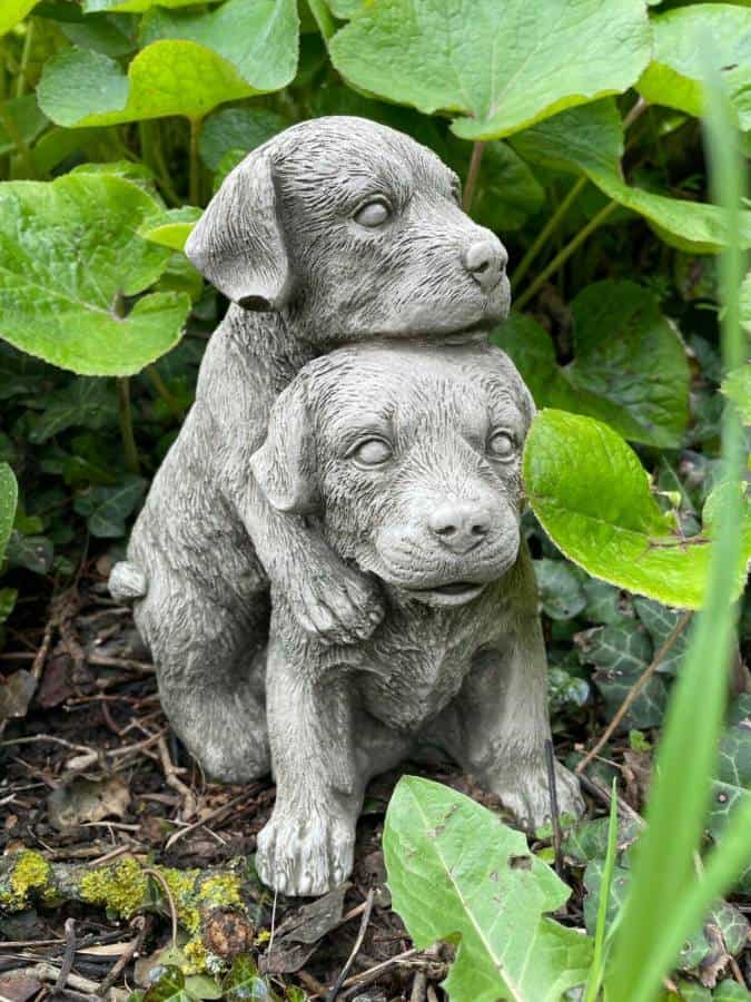 Pair of Puppies Stone Garden Statue | Reconstituted Outdoor Dog Animal Ornament