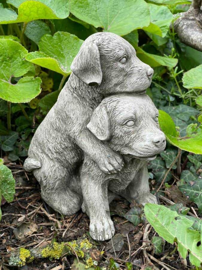 Pair of Puppies Stone Garden Statue | Reconstituted Outdoor Dog Animal Ornament