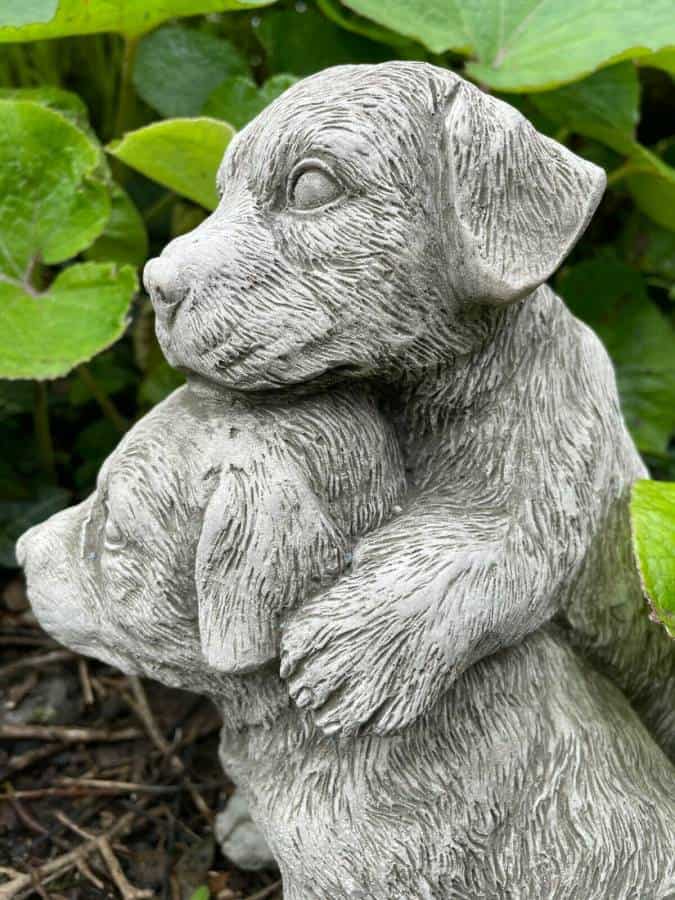 Pair of Puppies Stone Garden Statue | Reconstituted Outdoor Dog Animal Ornament