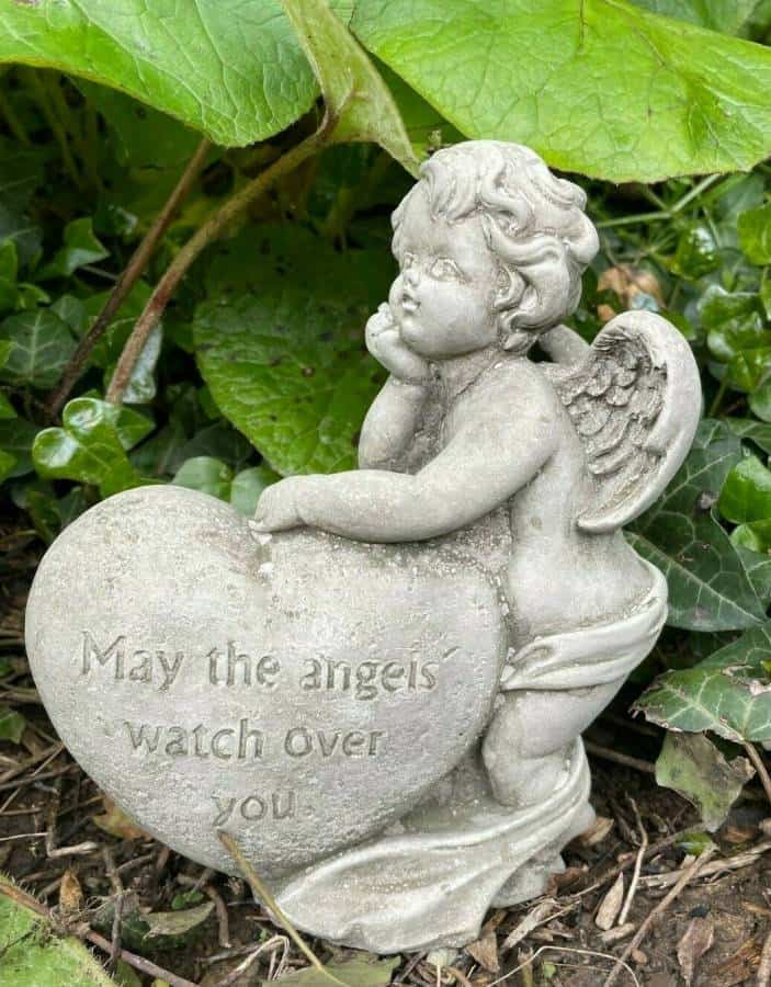 Cherub w Heart Stone Statue | Reconstituted Angel Nymph Outdoor Garden Ornament
