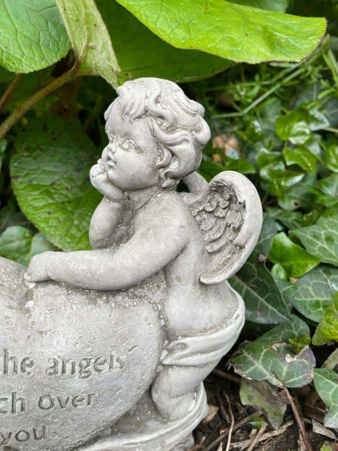 Cherub w Heart Stone Statue | Reconstituted Angel Nymph Outdoor Garden Ornament