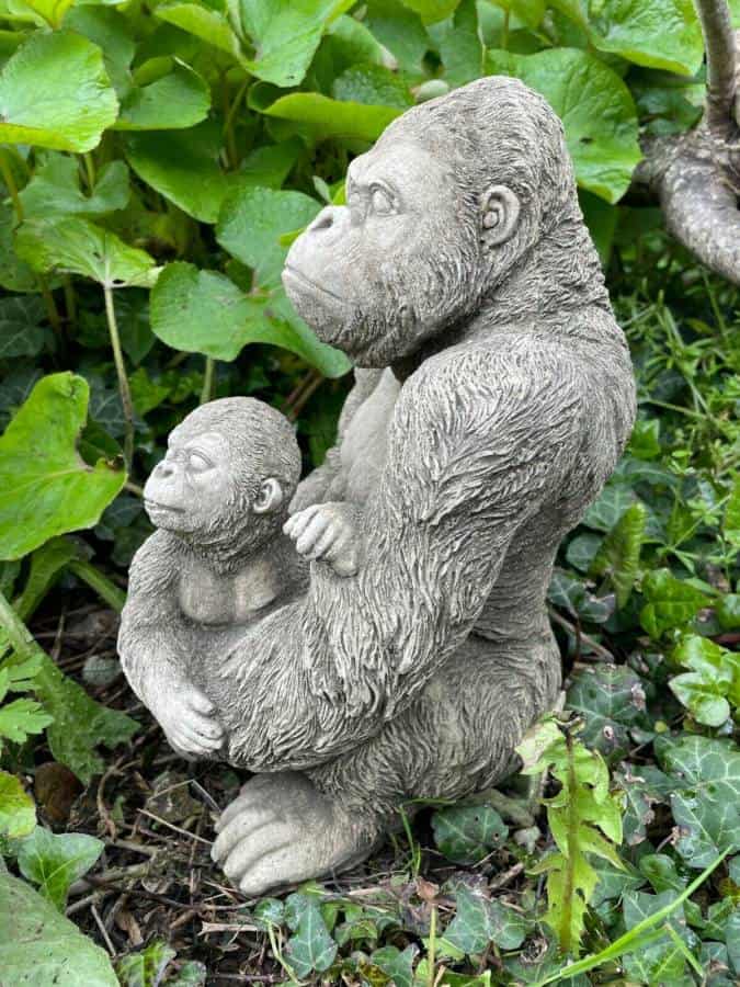 Gorilla w Baby Stone Statue | Reconstituted Outdoor Garden Ornament Sculpture