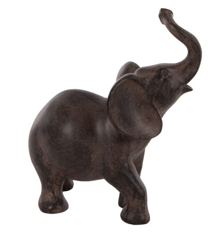 An elephant of black finish, standing with trunk reaching upwards as if to pick fruit from a tree. Situated on a white studio background