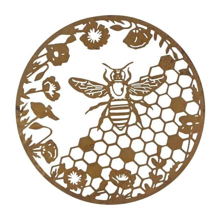 A bumblebee encompassed by honeycomb and flowers as a golden wall plaque