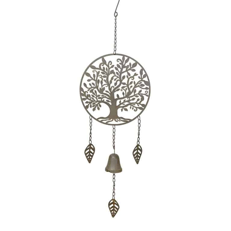 A beautiful tree with flowing branches encircled in metal. Bell and leaves hanging, all situated in front of a white background