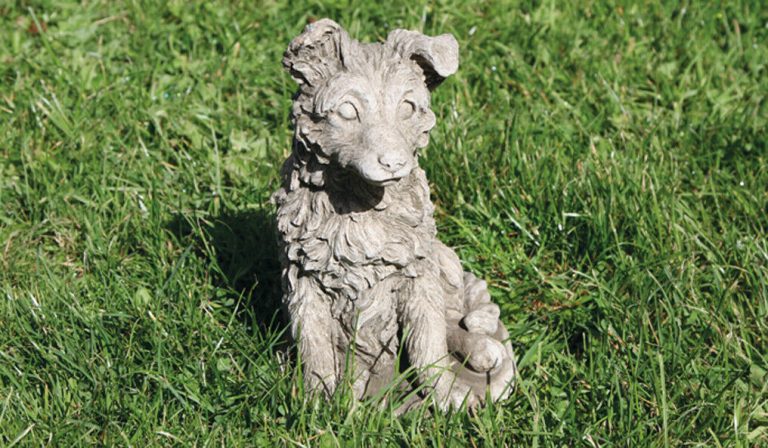 A puppy dog with floppy ears and fluffy coat sitting in the grass of a British garden