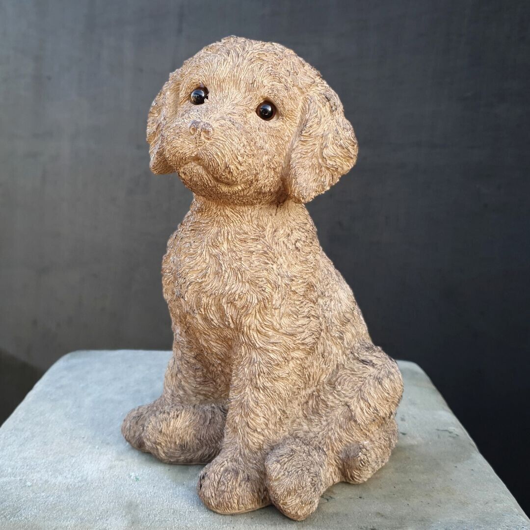 A cockapoo puppy sitting upright with detailed fur and dark, hopeful eyes. Situated on the marble table of a British home